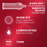 A red advertisement features Durex Extra Sensitive "Wide Fit" 60mm condoms by Durex, highlighting their Easy-On Teat-Ended design and smooth shape with a pleasant scent. Key features include being ultra-thin for extra sensitivity, offering a wide fit of 2.36 inches (60mm), and being lubricated with standard lube.